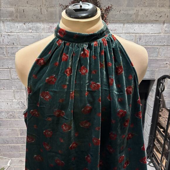 NWT Loft Shirred Floral Velvet Sleeveless Halter Top Size XL Green Flowy - Picture 3 of 7